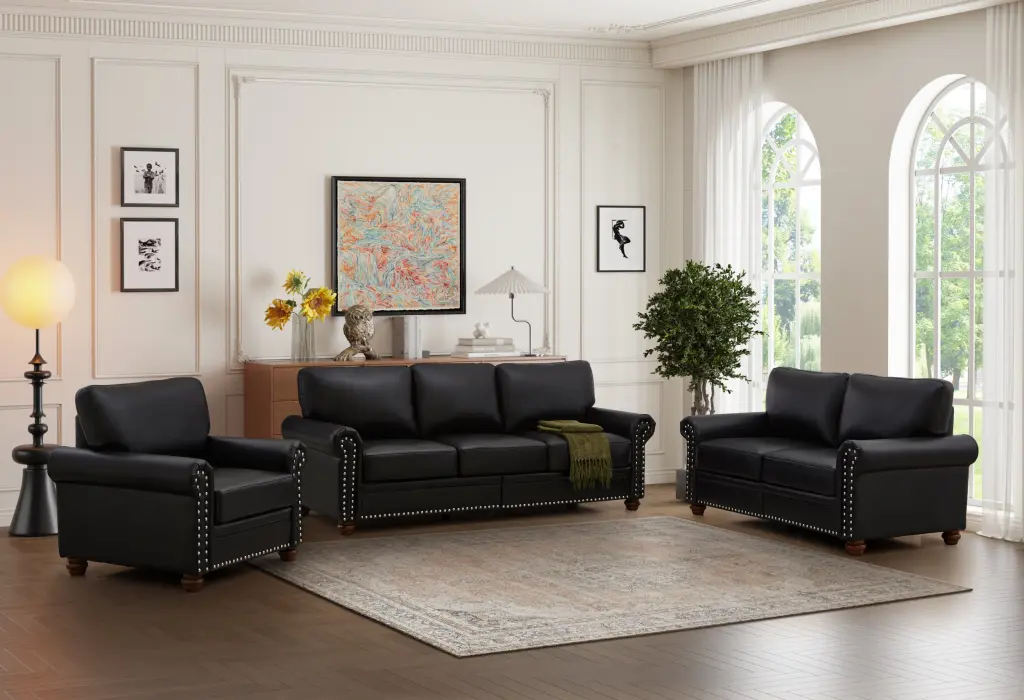 Living Room Storage Sofa 1 2 3 Sectional Black Faux Leather hdf store