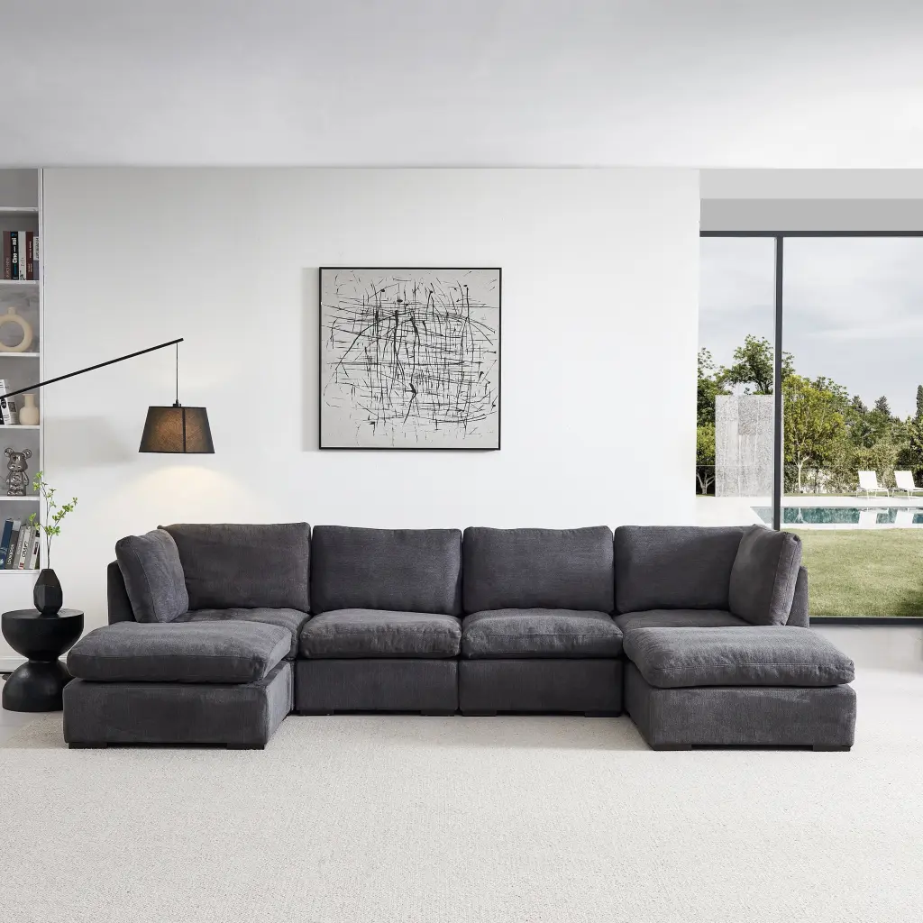 Modular Sofa Ottoman Down Filled Soft Linen Fabric Dark Green Sectional hdf store