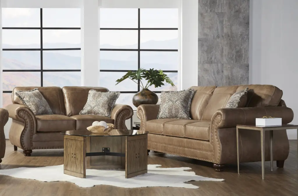 Leinster Faux Leather Sofa and Loveseat Set Antique Bronze Nailheads - Modern Living Room Furniture hz