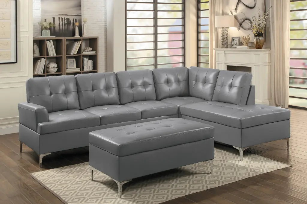 Contemporary Gray 3 Piece Sectional Sofa RSF Chaise Ottoman Tufted Design kanepe