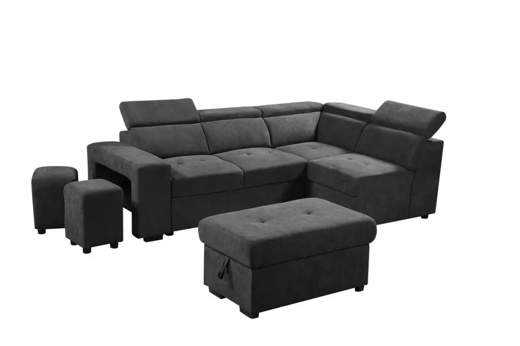 Henrik 97 Inch Dark Gray Sleeper Sectional Sofa Storage Ottoman and 2 Pillows lilola home