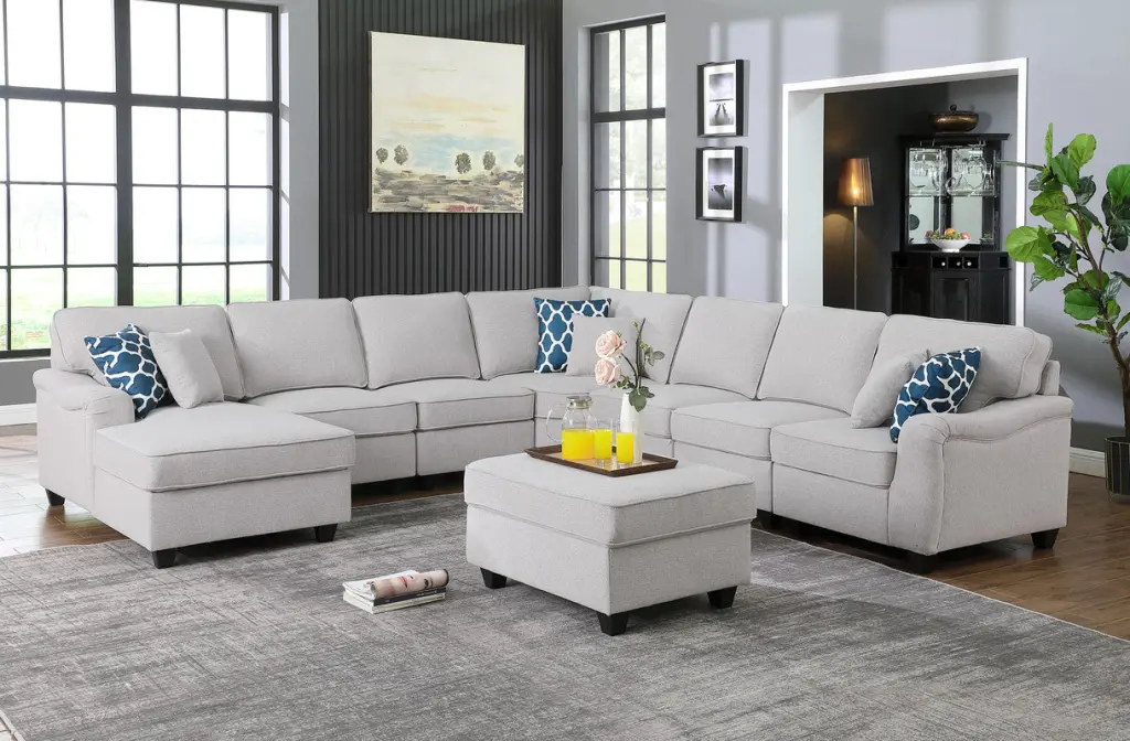 Leo 125 Inch Light Gray Linen 8 Piece Modular L Shaped Sectional Sofa Chaise lilola home