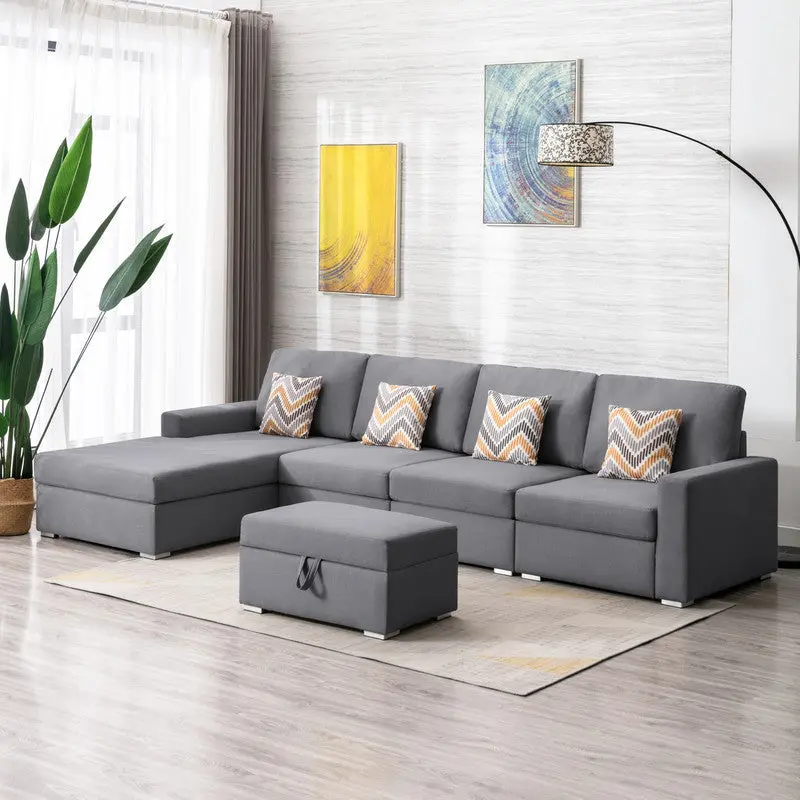 Nolan 124 Inch Gray Linen Fabric 5Pc Reversible Sofa Chaise Interchangeable Sections lilola home