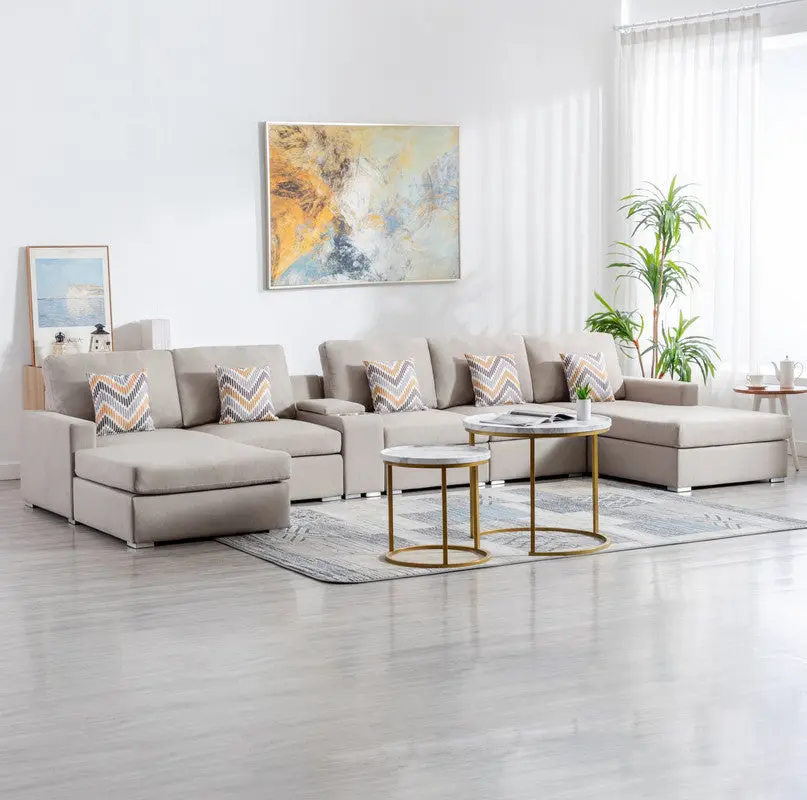 Nolan 163 Inch Beige Linen Fabric 6Pc Double Chaise Sectional Sofa Included Cushions lilola home
