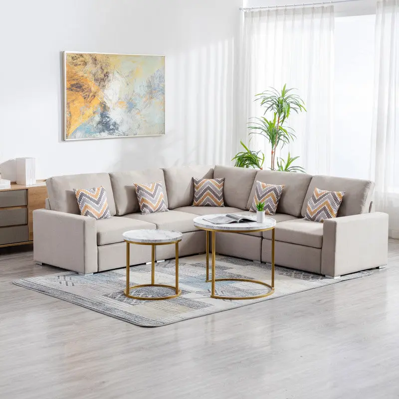 Nolan 95.5 Inch Beige Linen Fabric 5 Piece Reversible Sectional Sofa Pillows lilola home