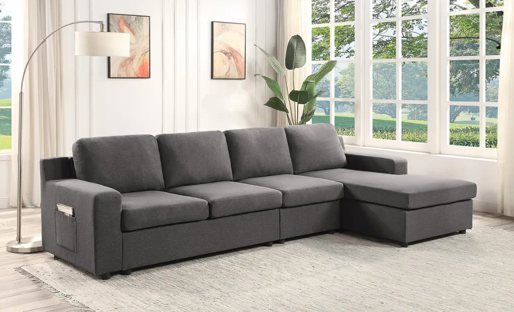 Waylon 119 Inch Gray Linen 4 Seater Sectional Sofa Chaise Pocket Gray Cushions lilola home