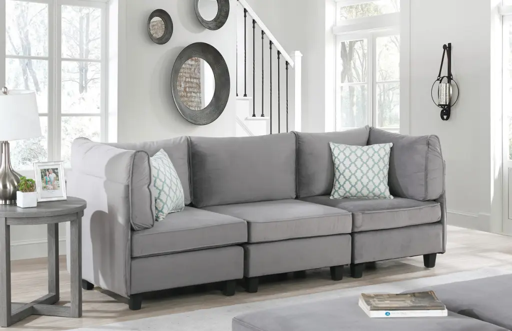 Zelmira 90 Inch Gray Velvet 3 Piece Sectional Sofa lilola home
