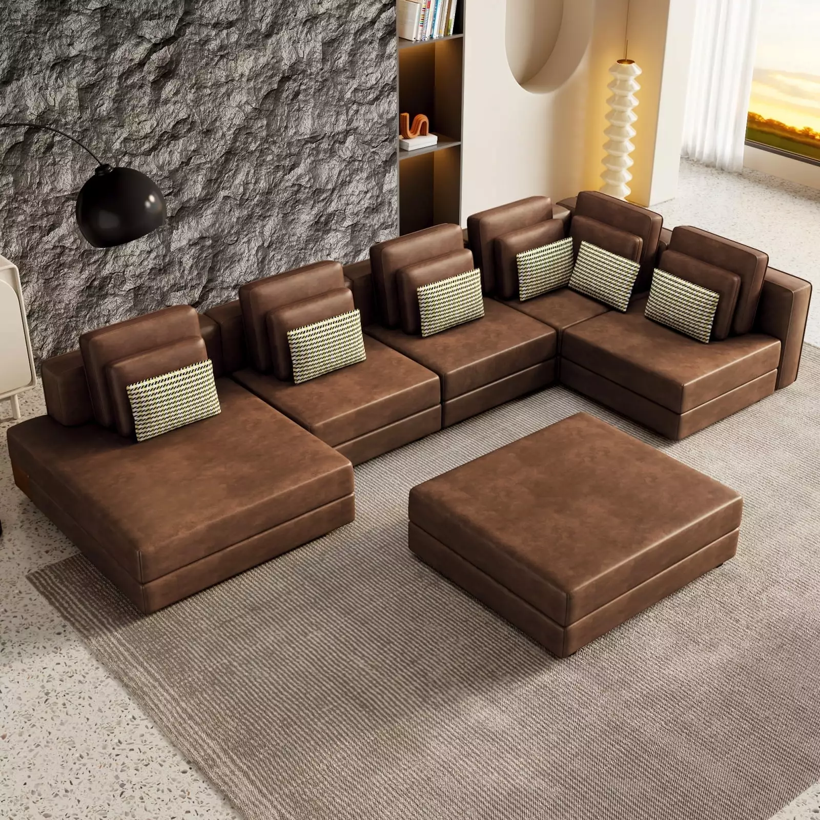 Miekor Furniture 112.7 Modular Sectional Sofa Corner Chaise Lounge Ottoman Brown