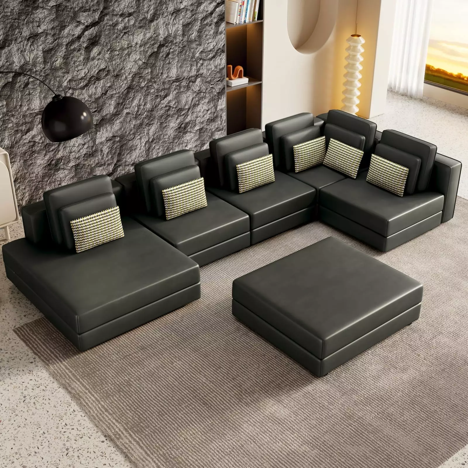Miekor Furniture 112.7 Modular Sectional Sofa Corner Chaise Lounge Ottoman Black