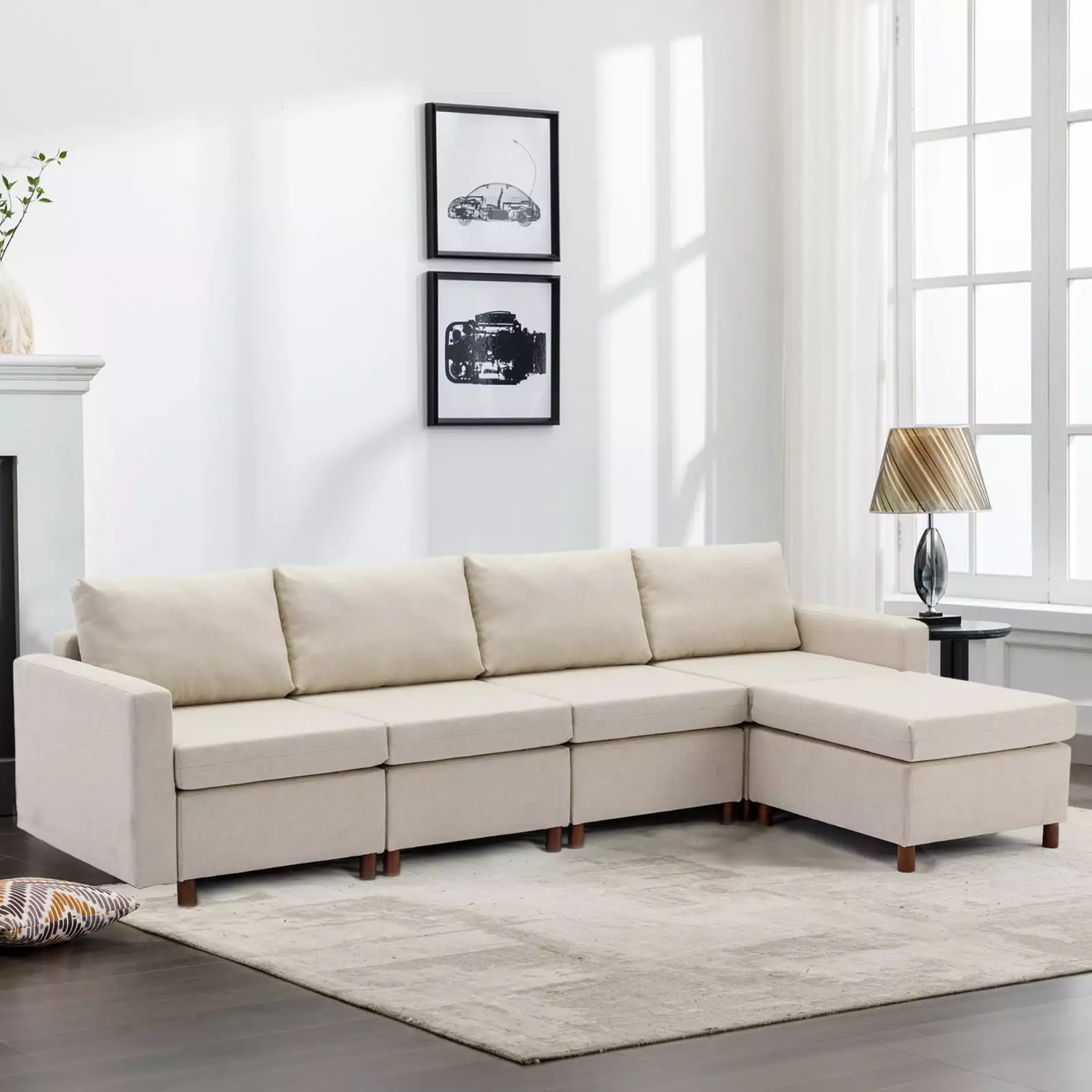 Miekor Furniture 4-Seat Sectional Sofa Ottoman Cream Non-Removable Cushions