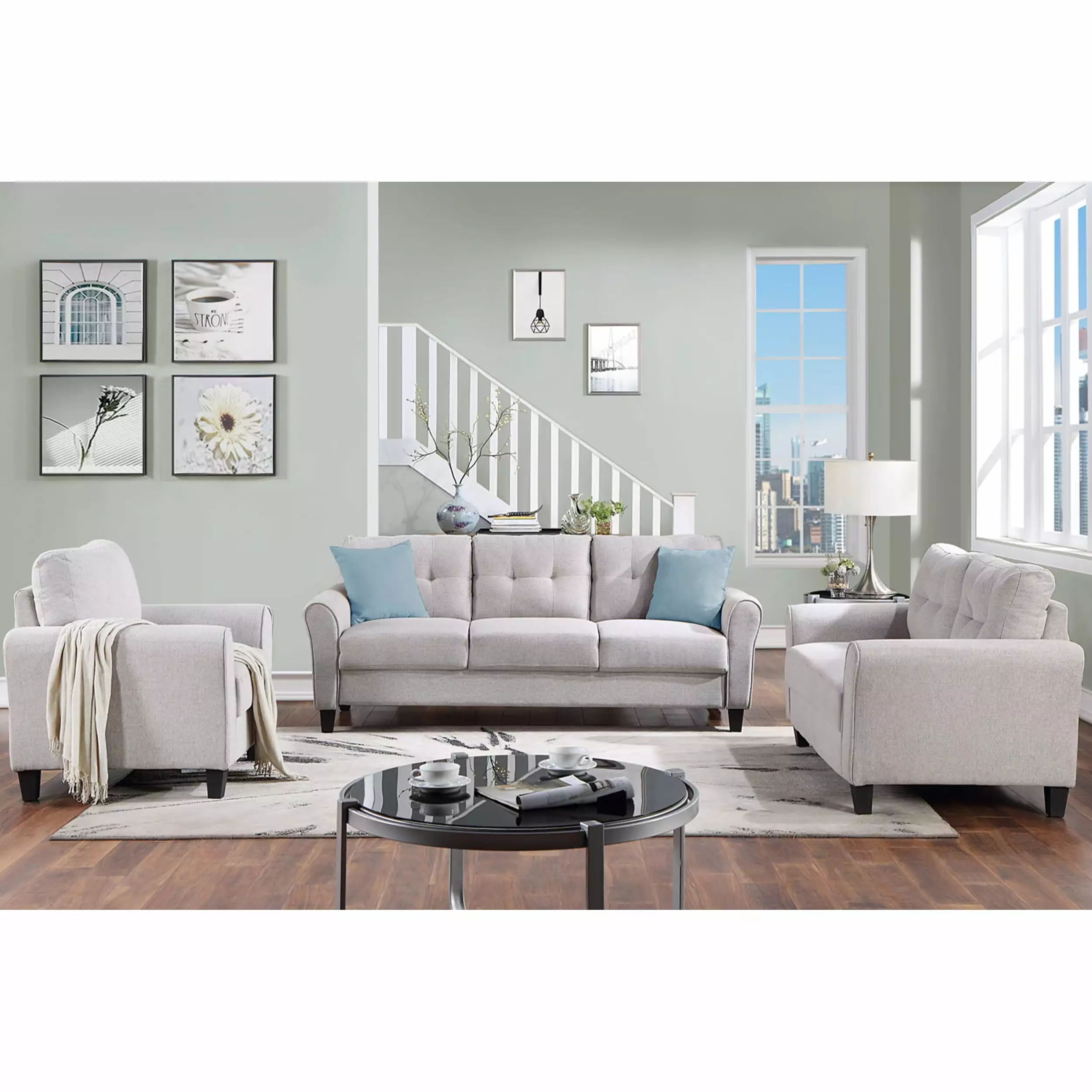 Modern Living Room Sofa Set Linen Upholstered Couch 1+2+3 Seater Light Grey - Contemporary Sectional Home or Office Miekor