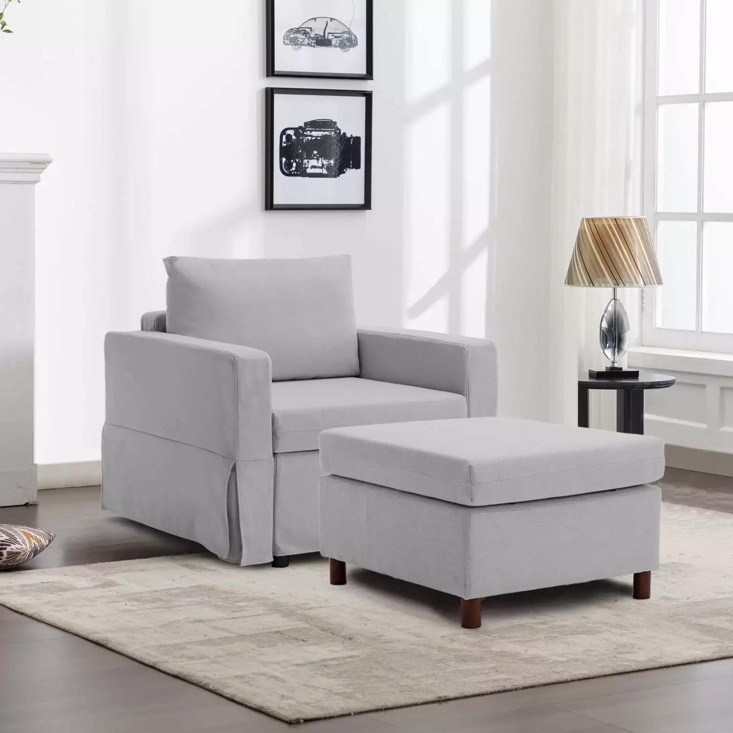 Contemporary Light Grey Single-Seat Module Sofa Sectional Ottoman Removable Washable Cushions Ponnky