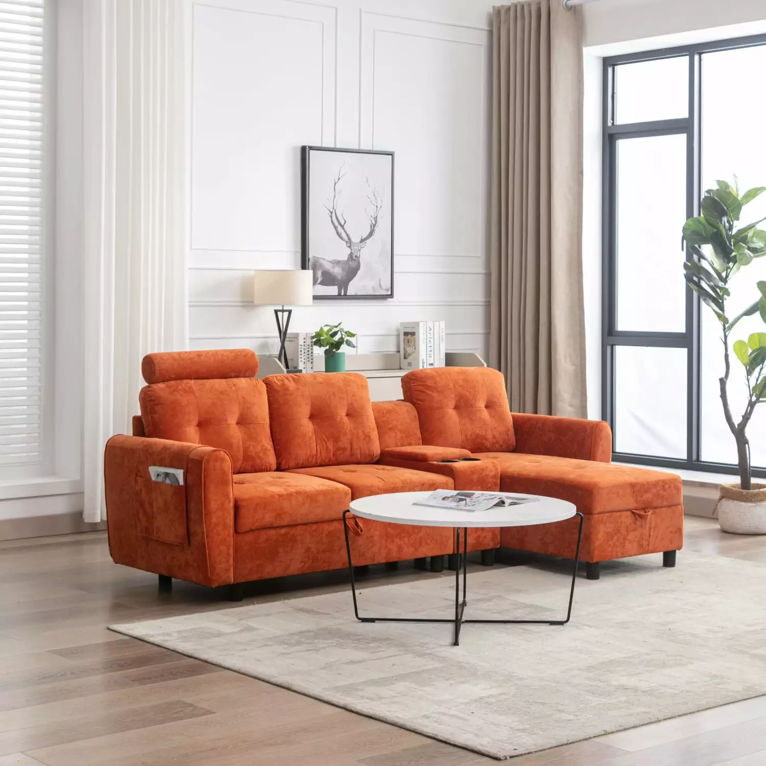Cozy Sectional Sofa Elegant Living Room Storage Sofa Solid Back and Soft Cushion Bright Orange Polyester Ponnky