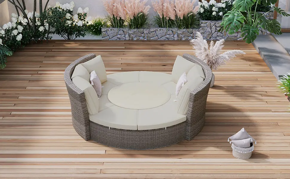 Patio 5 Piece Round Rattan Sectional Sofa Set All Weather Wicker rnb