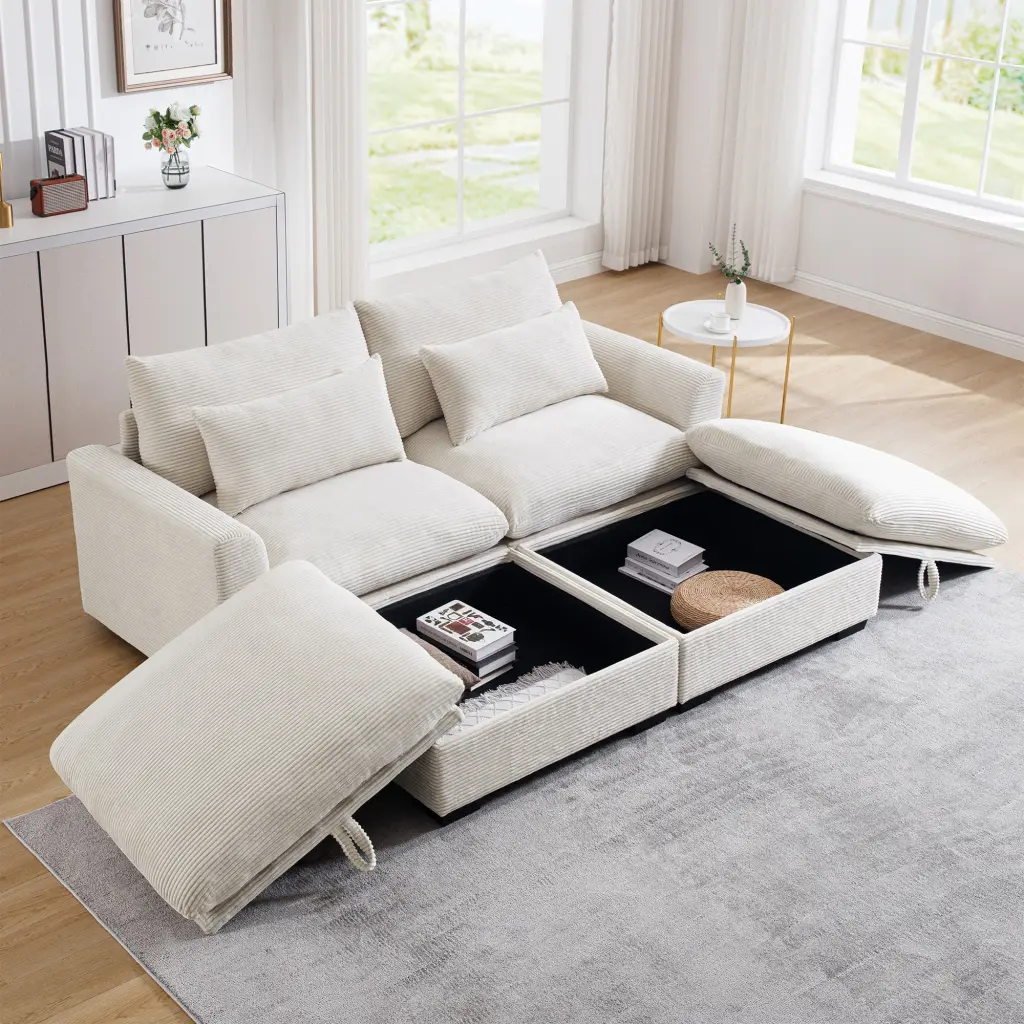 Corduroy Two Seater Sofa 2 Storage Footrest 2 Seater Sectional ui furniture