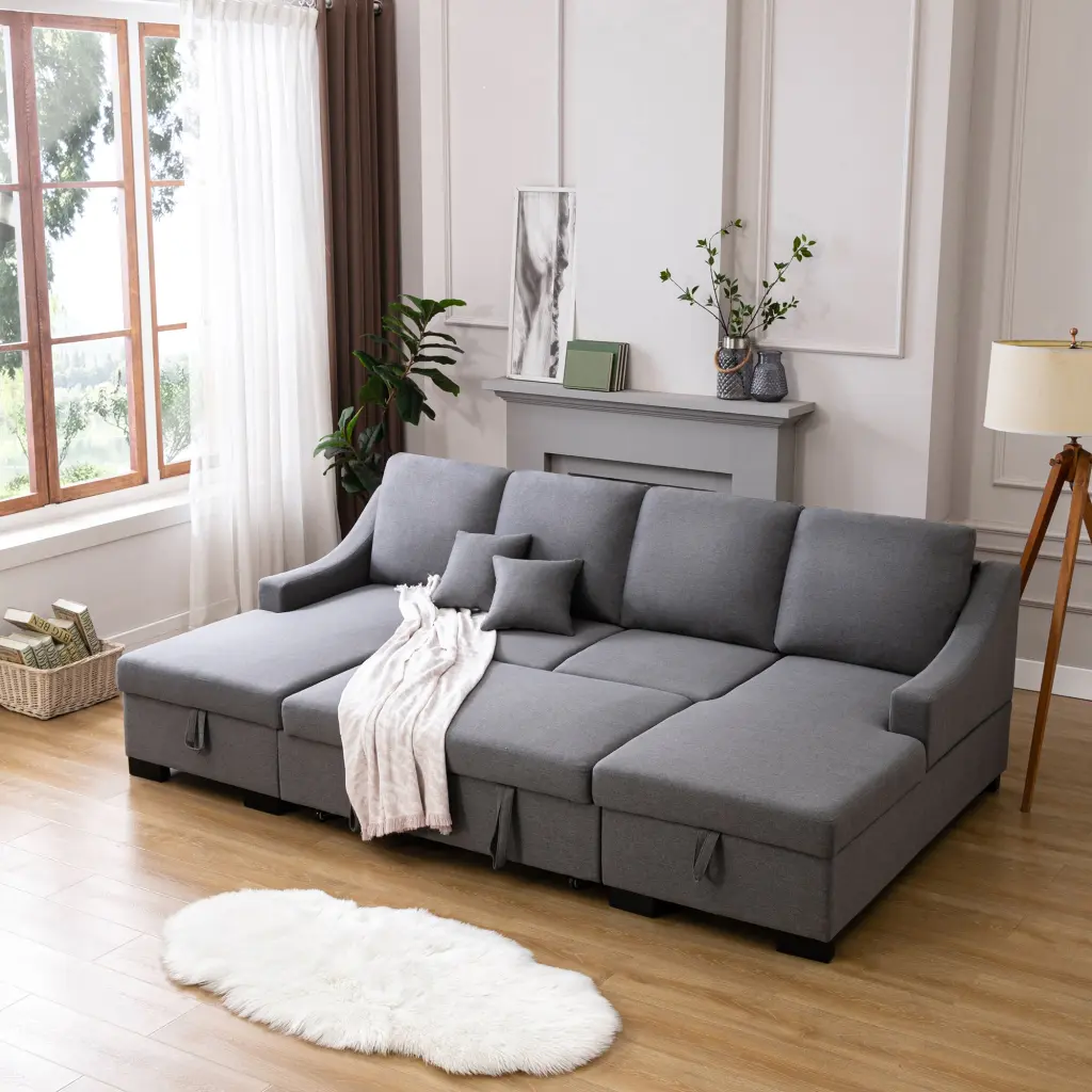 Upholstery Sleeper Sectional Sofa Double Storage Spaces and 2 Toss Pillows u_style