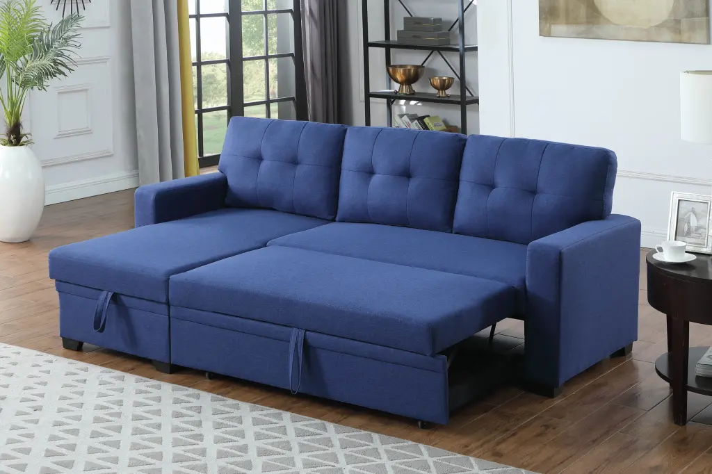 Upholstered Pull Out Sectional Sofa Chaise Blue Foam Linen Fabric cynthia-s furniture