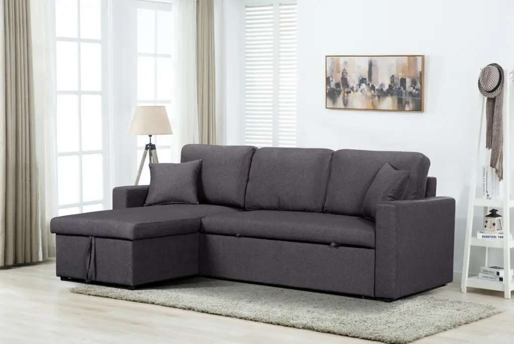 Paisley 82 Inch Dark Gray Linen Fabric Reversible Sleeper Sectional Sofa lilola home