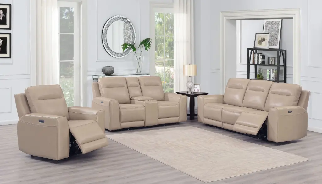 Doncella 3 Piece Power Reclining Living Room Set Beige Wood Frame steve silver furniture