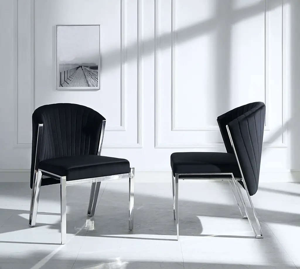 Fallon Side Chair Set 2 Black Velvet & Mirrored Silver Finish Modern Dining Chairs acme onsite store
