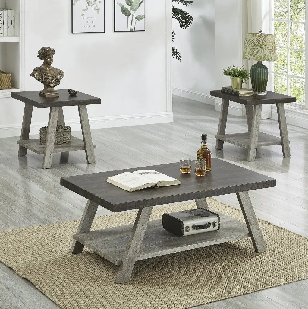 Athens Contemporary 3 Piece Wood Shelf Coffee Table Set Weathered Wood Finish hz