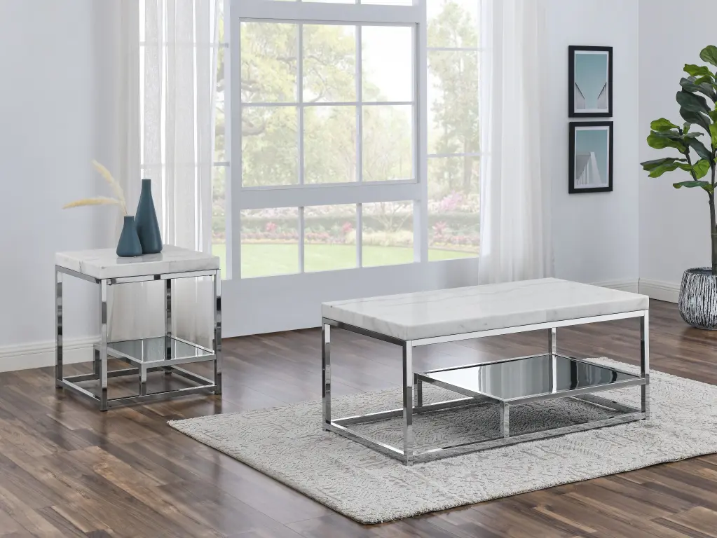 Aston 3 Pieces Occasional Table Set White Marble Finish steve silver furniture