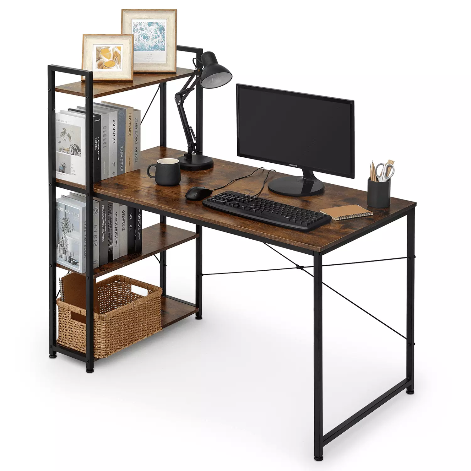 MoNiBloom 47 Inch Computer Desk Storage Shelves Home Office Study Writing Table Brown