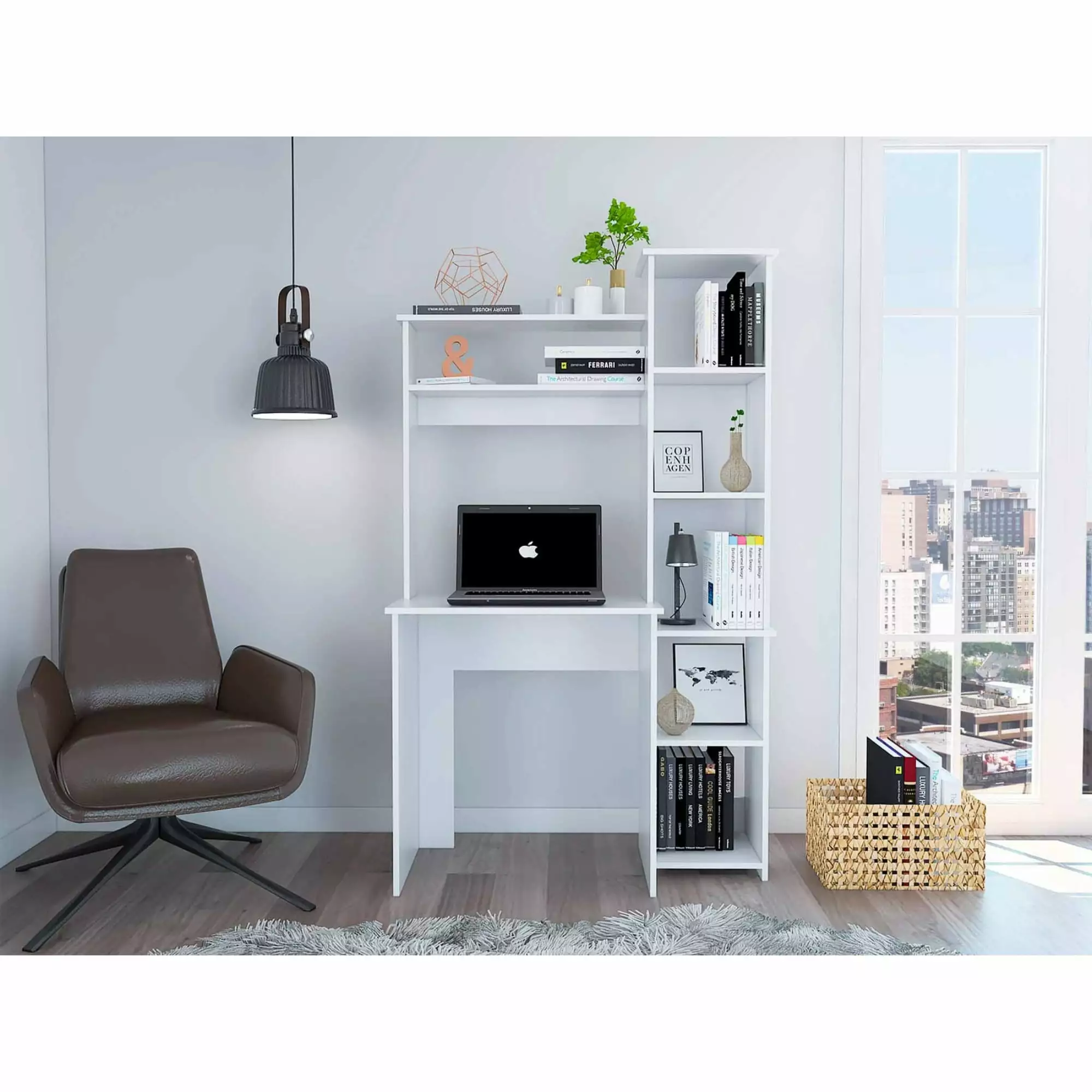 TUHOME Versalles Desk Two Superior Shelve Countertop Desk Five Shelves White