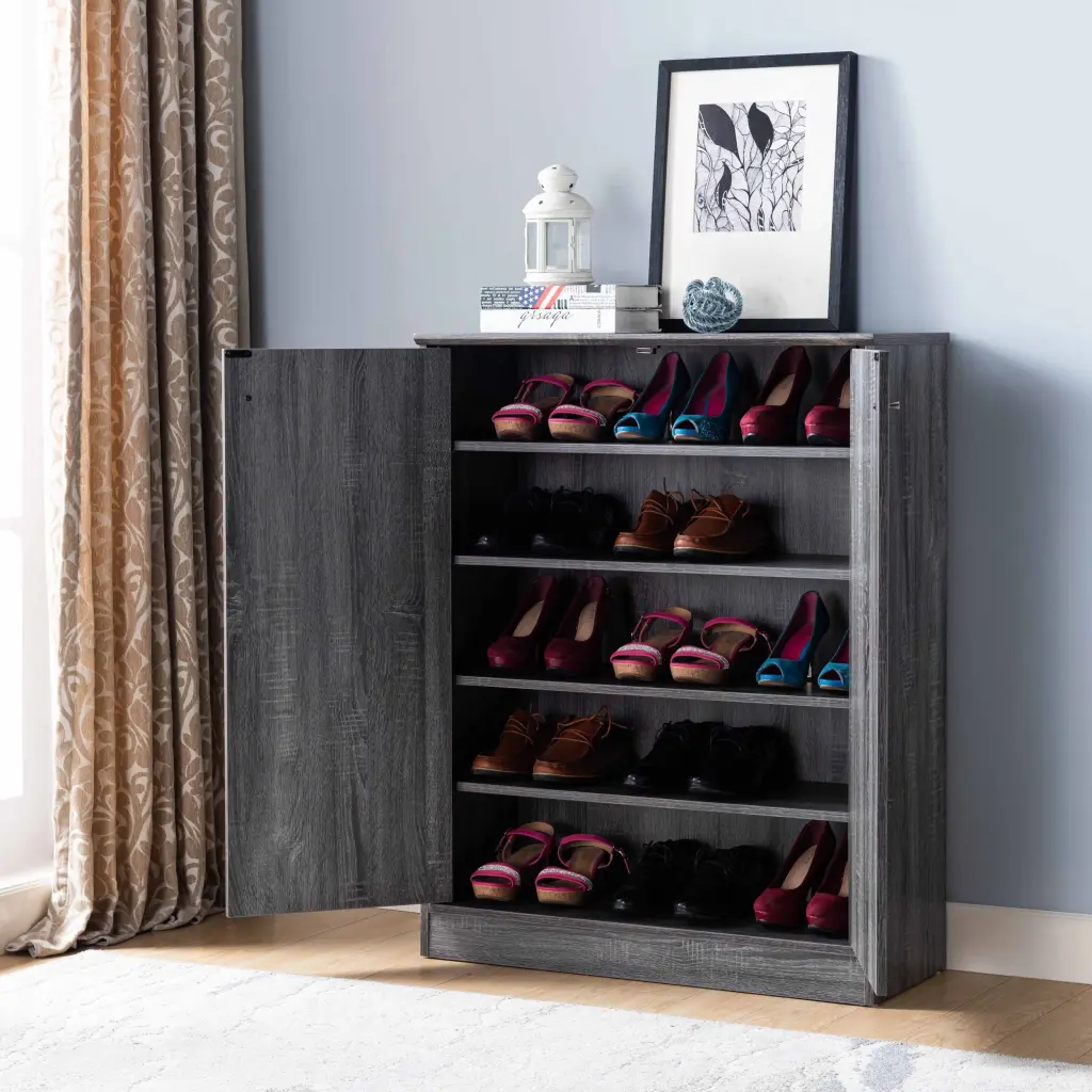 Two Door Shoe Storage Cabinet Entryway Organizer 5 Shelves White id international- inc.