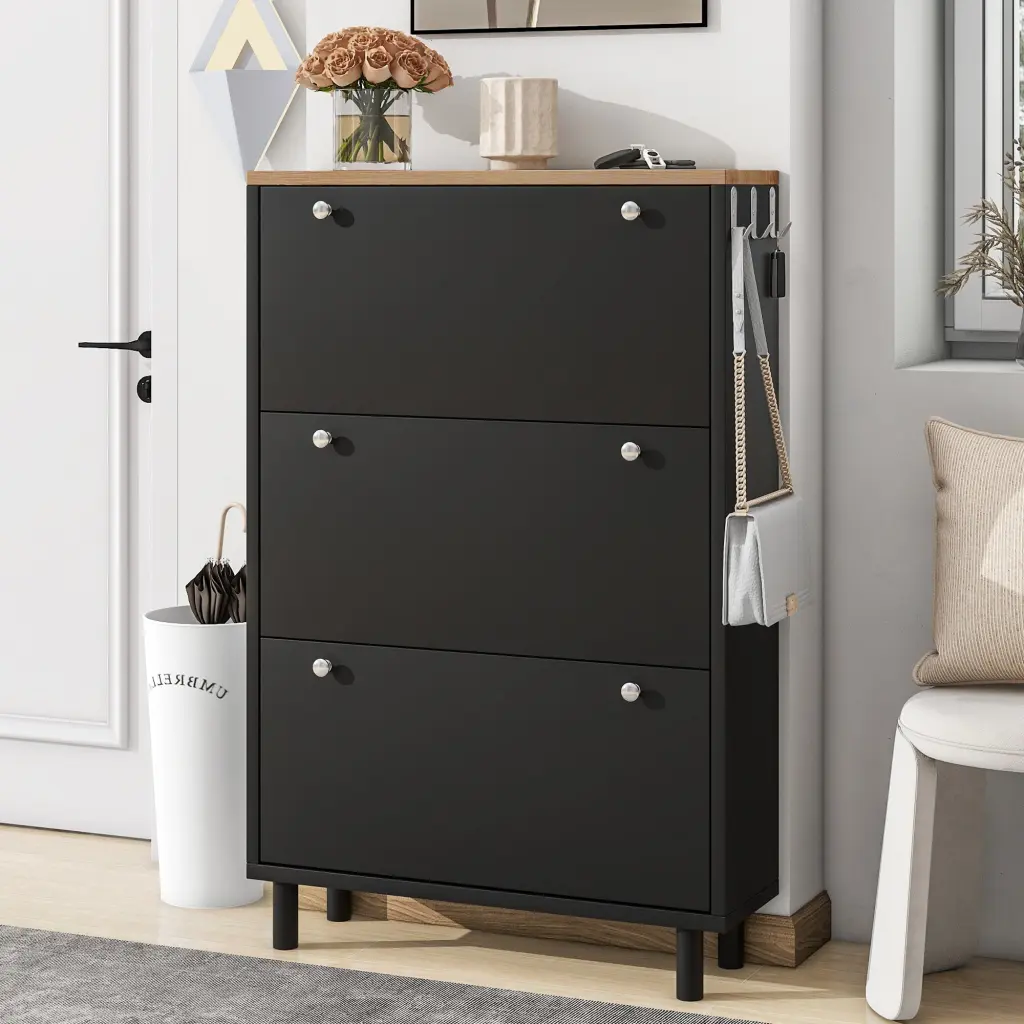 Narrow Design Shoe Cabinet 3 Flip Drawers Wood Grain Pattern Top Entryway rnb