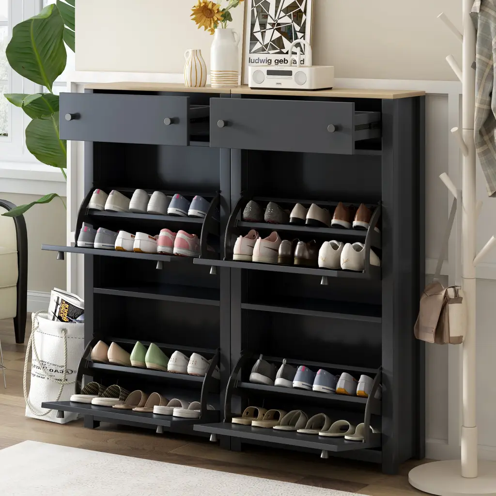 Slim Shoe Cabinet Set 4 Flip Drawers Wood Grain Pattern Top Storage rnb