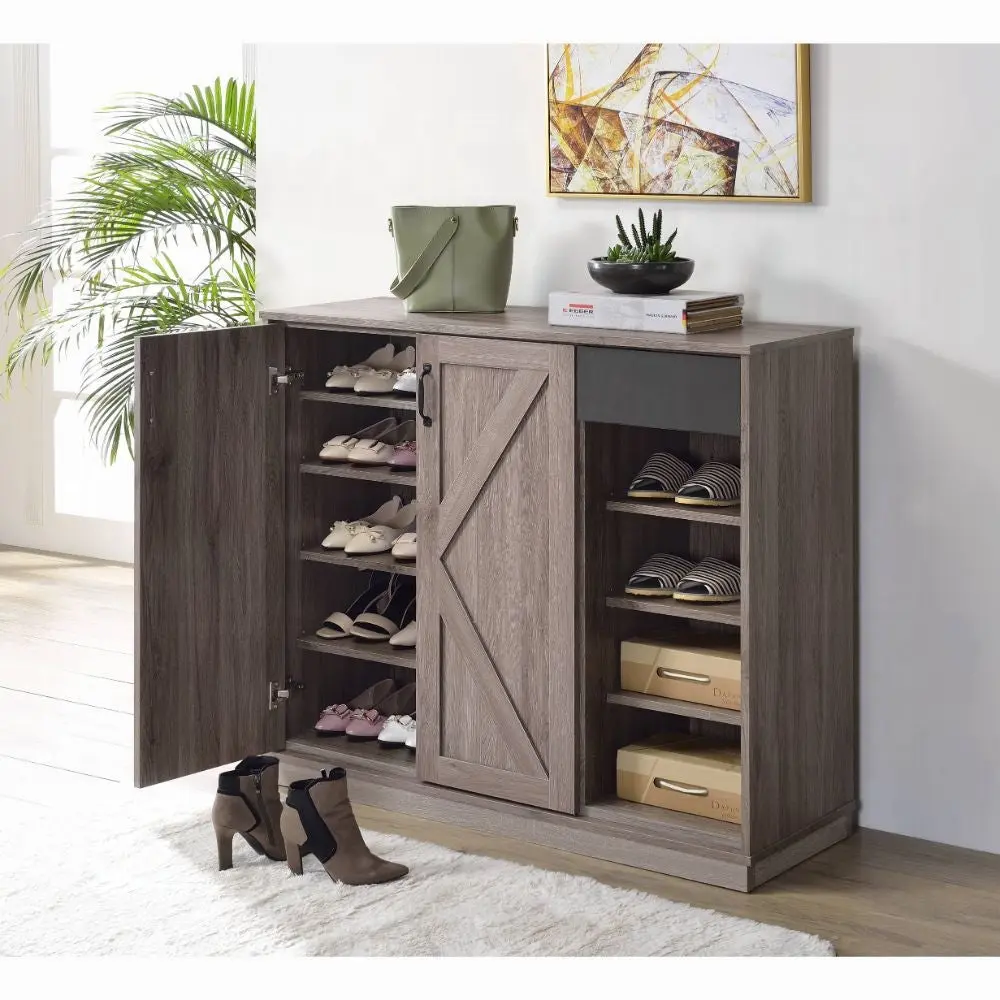 Rustic Grey Oak 4 Shelf Shoe Cabinet Freestanding Storage furniture max