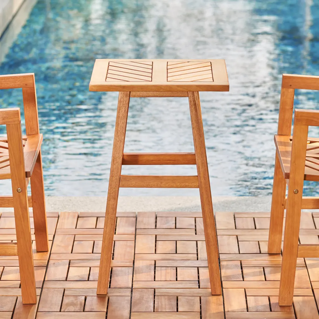 Olina Honey Fish Bone Eucalyptus Wooden Outdoor Side Table Teak Finish vifah