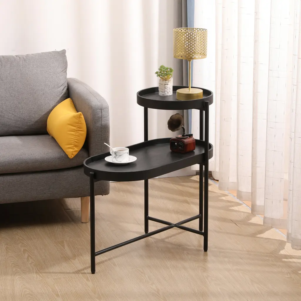 2 Tier Black Side Table Storage Living Room Metal Frame yiqiumi furniture