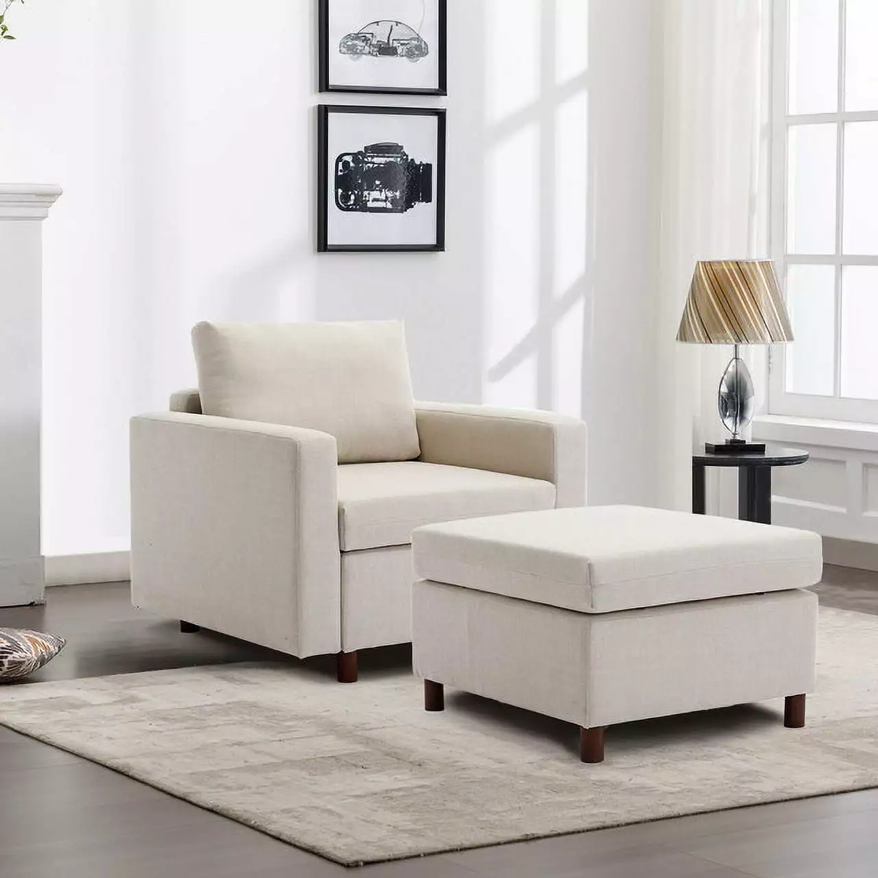 Stylish Cream Single-Seat Sectional Sofa Ottoman Elegant Linen Material Ponnky