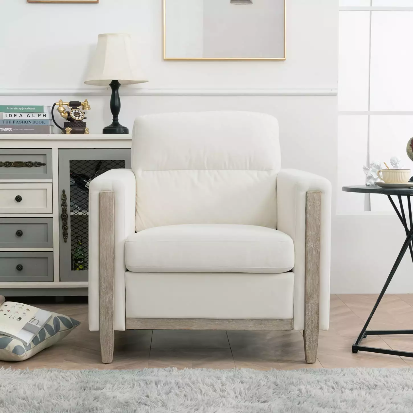 Beige One Seater Sofa Living Room High Resilience Sponge Cushion and Solid Wood Legs HATNOKIL