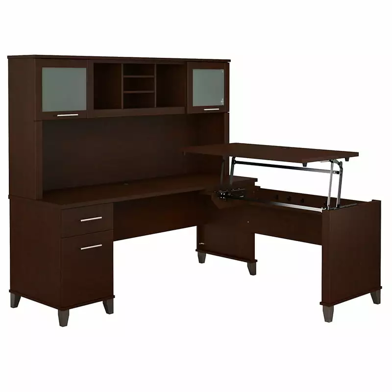 Scranton & Co Furniture Somerset 72W Sit Stand L Desk Hutch Mocha Cherry
