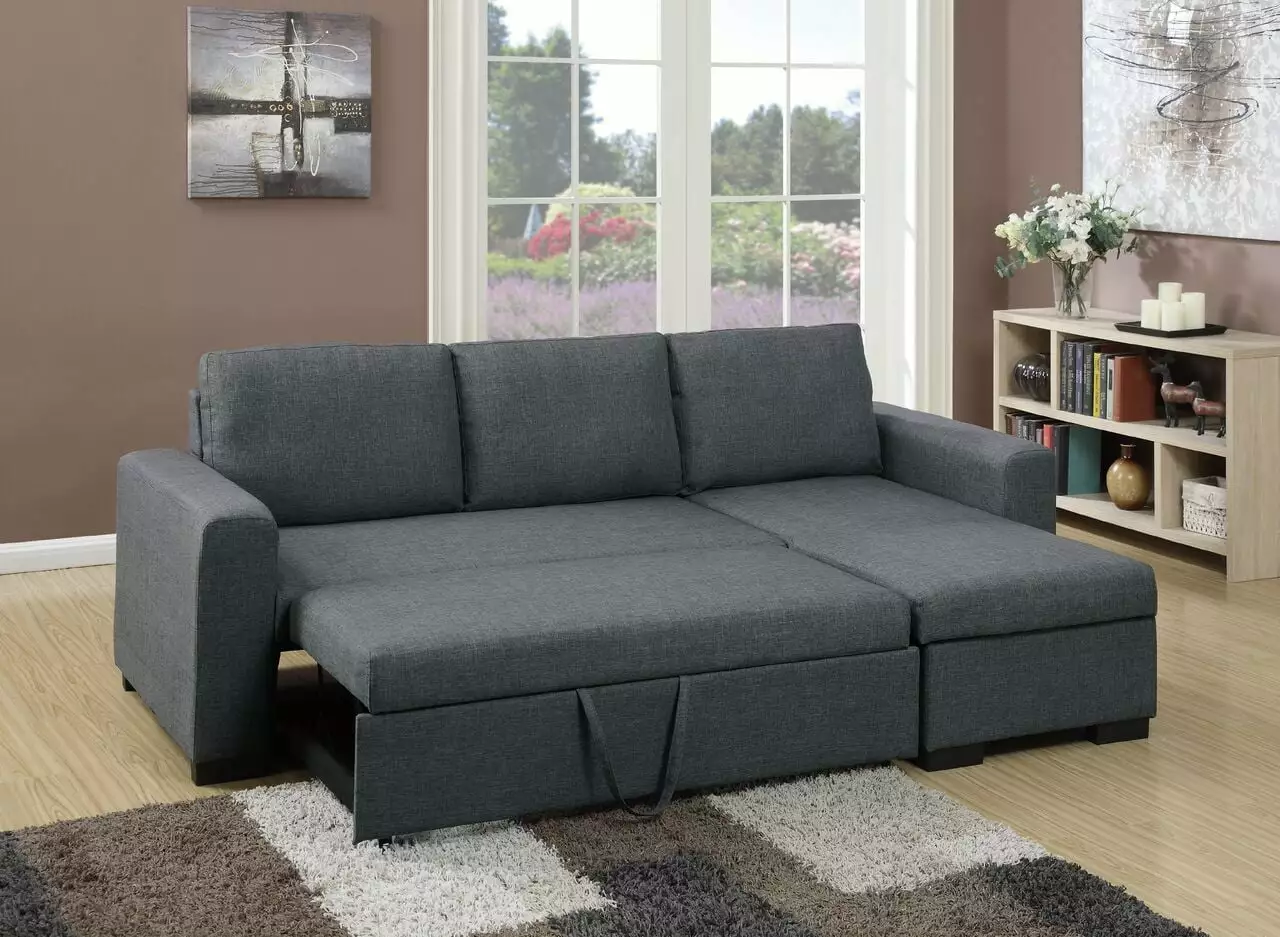 Blue Grey Living Room Sectional Sofa Chaise Pull Out Bed and Storage Esofastore