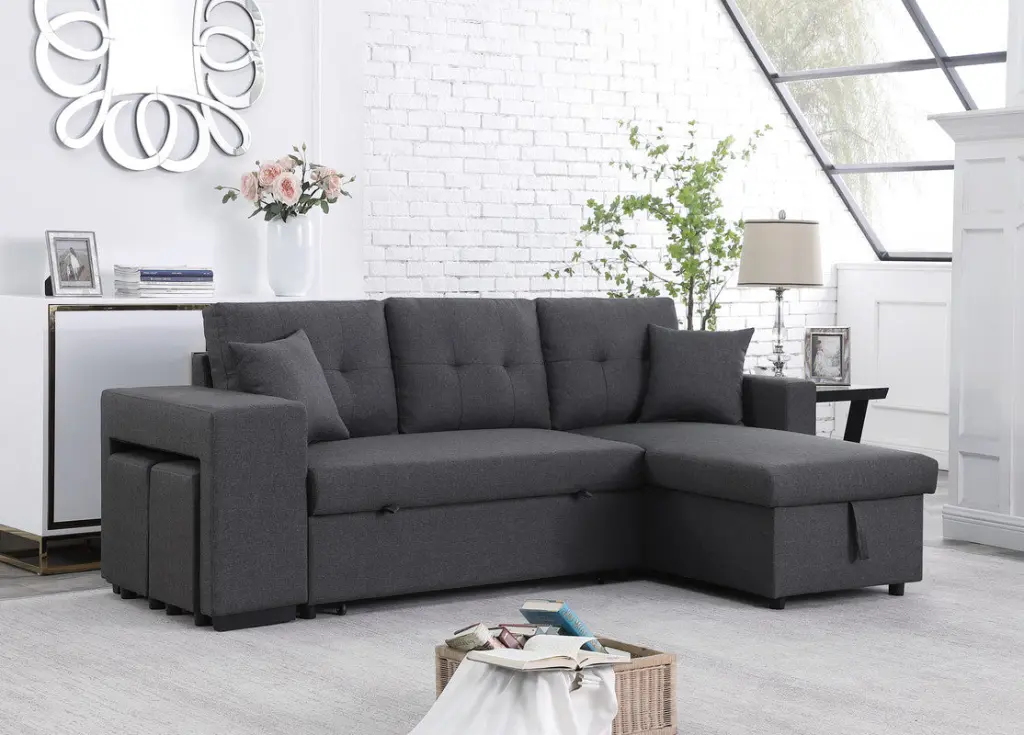 Dennis 93 Inch Dark Gray Linen Fabric Reversible Sleeper Sectional Storage lilola home