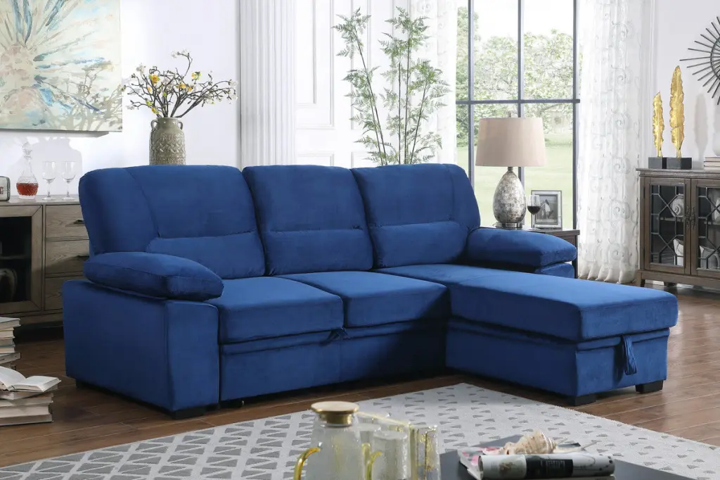 Kipling 97.5 Inch Blue Velvet Reversible Sleeper Sectional Sofa lilola home