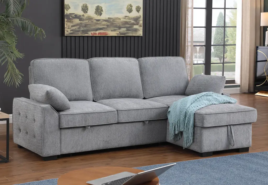 Mackenzie 91 Inch Light Gray Chenille Fabric Sleeper Sectional Sofa Right Chaise Modern lilola home