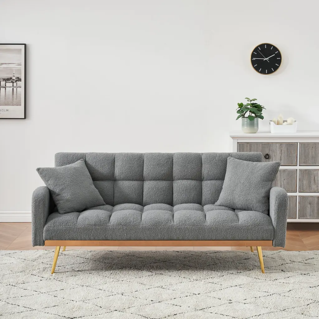 69 Inch Grey Sofa Bed Adjustable Back and Teddy Fleece Throw Pillows fan chen furniture