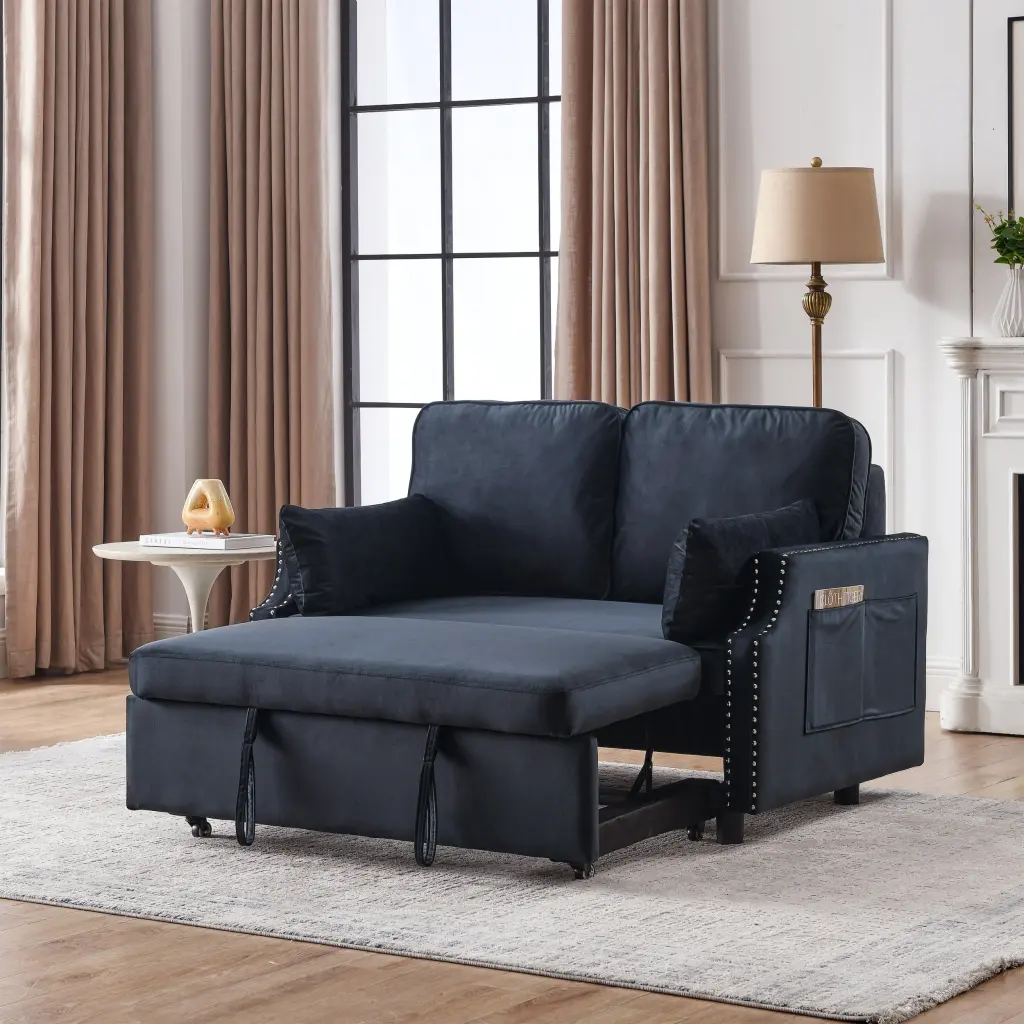 50 Inch Velvet Upholstered Sleeper Sofa Bed Side Storage Pockets fx furniture