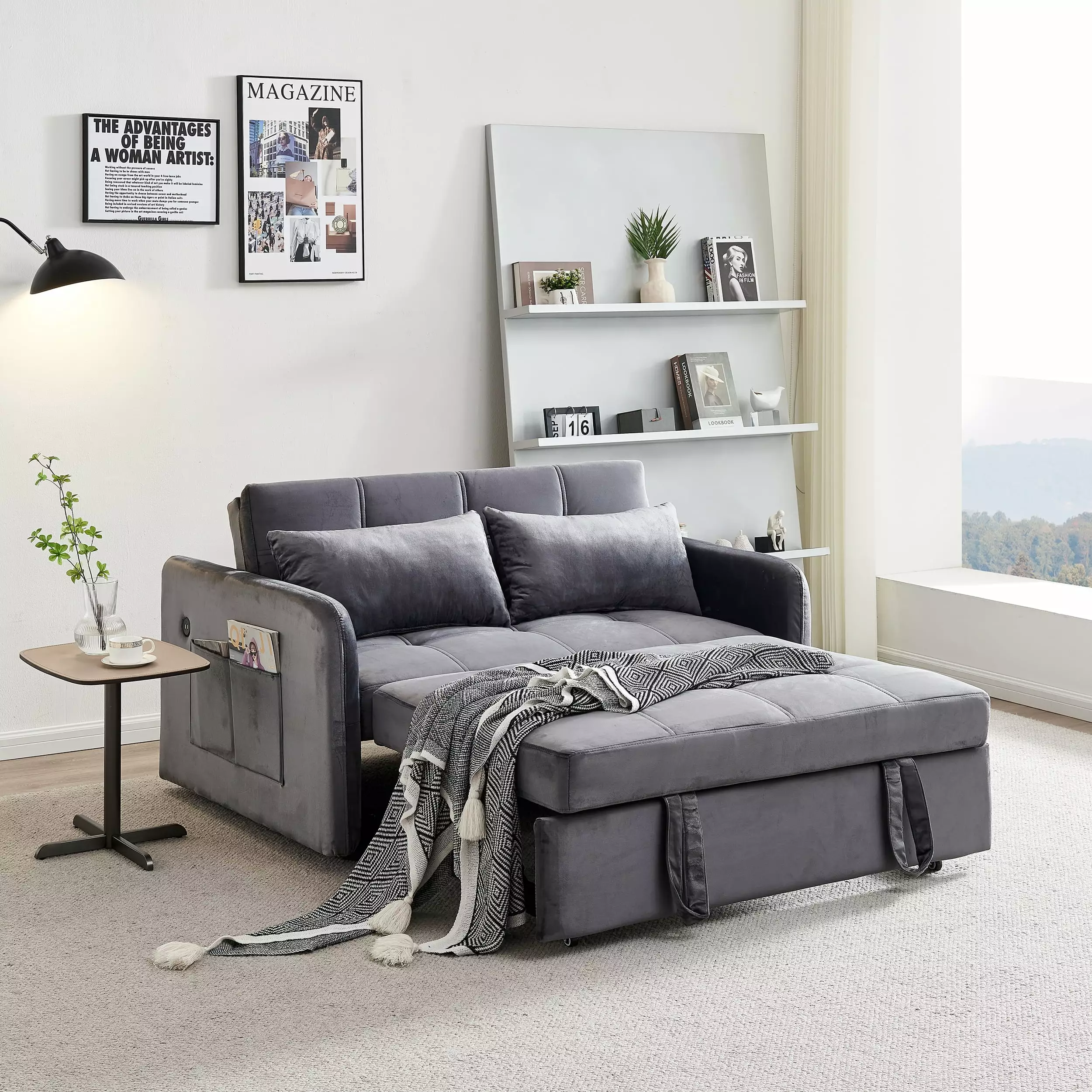 55.5 Twins Pull Out Sofa Bed Grey Velvet Sleeper Sofa Small Spaces GUTALOR