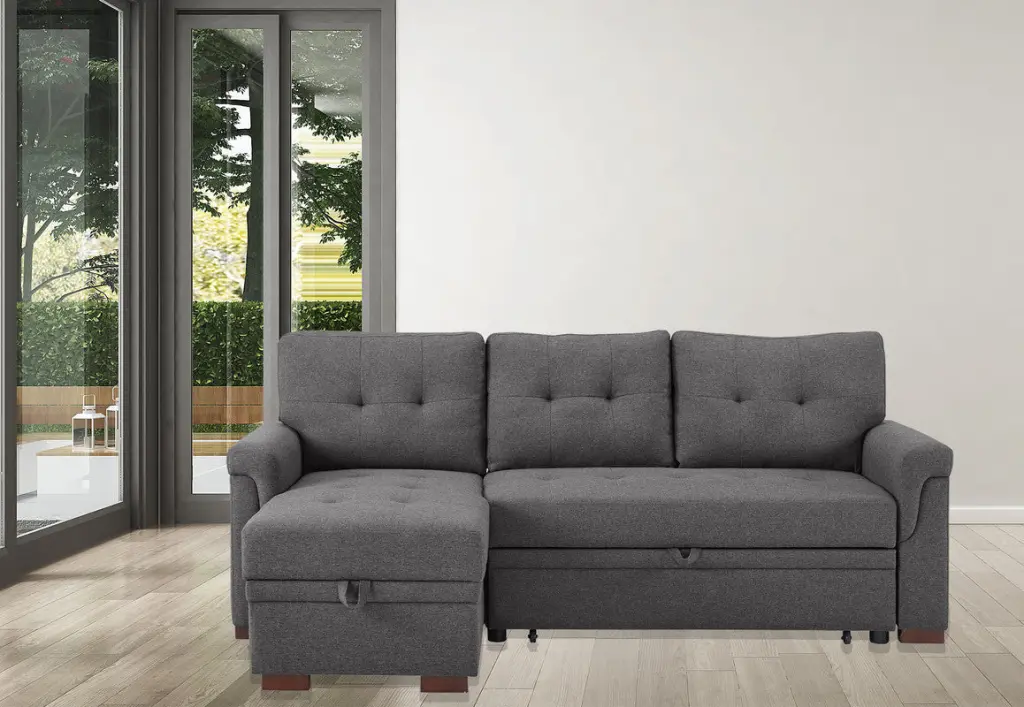 Destiny 84 Inch Dark Gray Linen Reversible Sleeper Sectional Sofa Storage lilola home