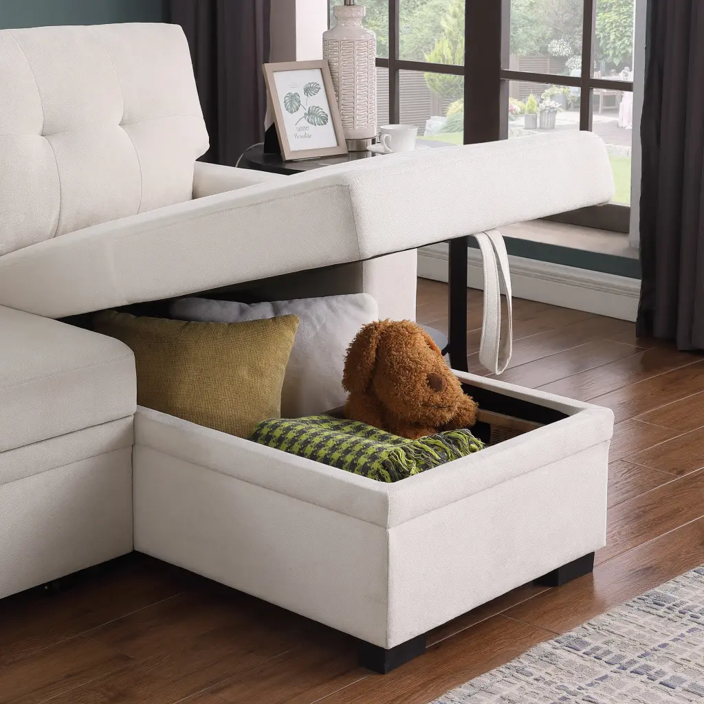 Lucca Ii 84.5 Inch W Beige Woven Fabric Reversible Sleeper Sectional Sofa lilola home