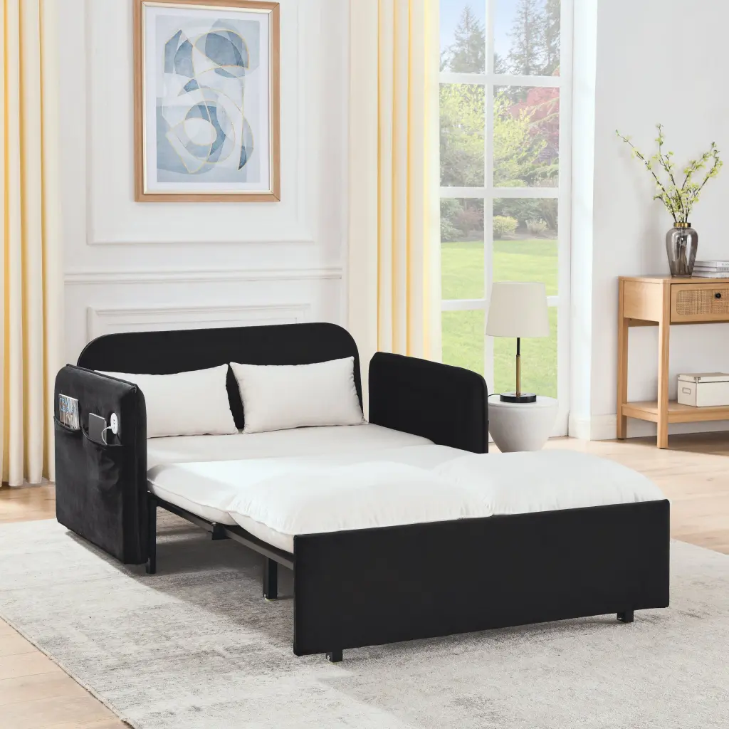 53" Modern Convertible Sofa Bed 2 Removable Armrests USB Power Port lucky fortune