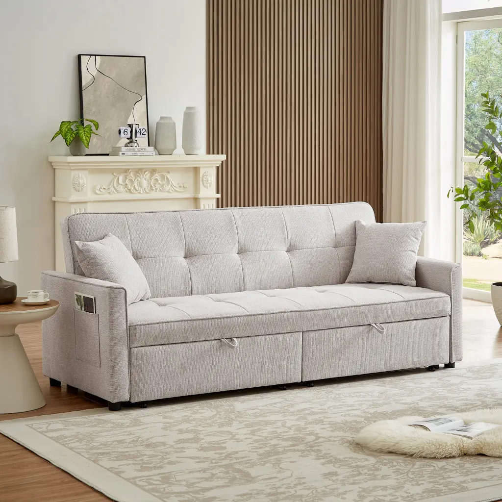 83.47 Inch Large Ivory Fabric 3 1 Convertible Sleeper Sofa Bed rnb