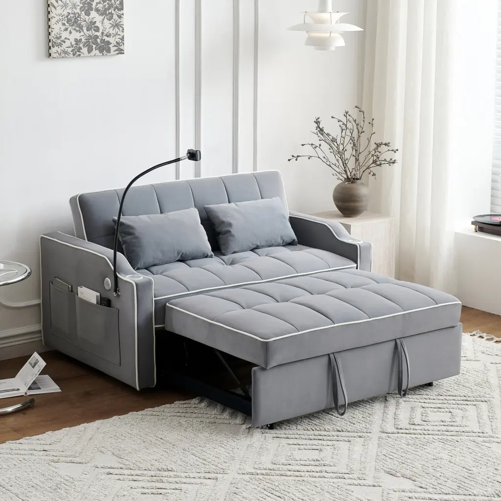 3 1 Convertible Sleeper Sofa Couch Bed Velvet Tufted Loveseat Futo Small Spaces w2656