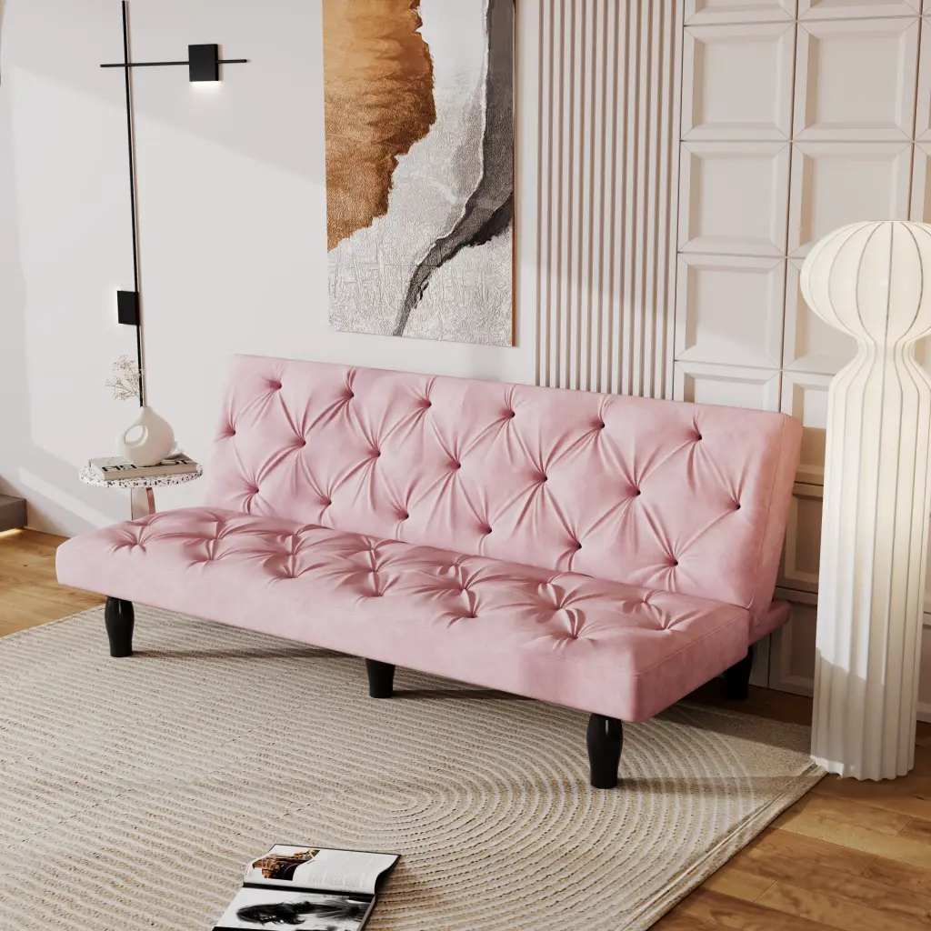 2534B Pink Velvet Sofa Bed Converts into 66 Inch Sleeper Suitable Small Spaces ylf fff